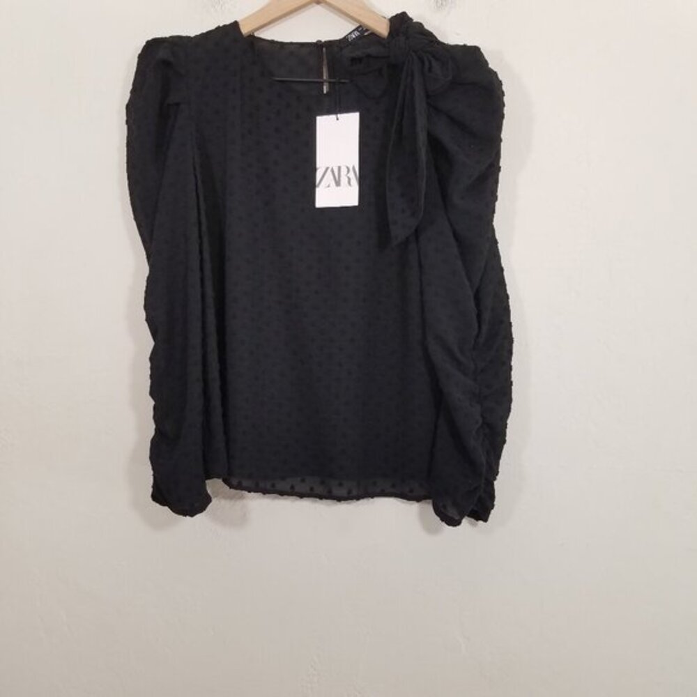 NWT Zara Bow Shoulder Top Blouse Black Size S